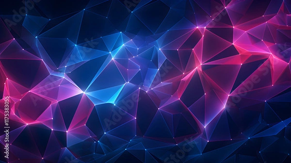Fototapeta Abstract geometric background with vibrant blue and pink glowing polygonal shapes and luminous points creating a futuristic digital concept