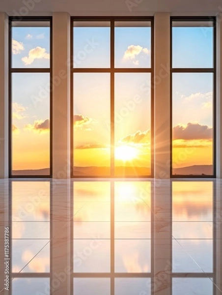 Fototapeta Sunset View Through Large Windows - Serene sunset, reflecting on polished floors, symbolizes peace, tranquility, opportunity, hope, and new beginnings.