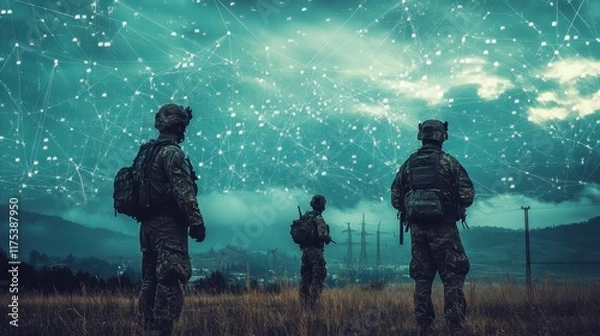 Fototapeta Soldiers Under a Digital Sky: Modern Warfare and Technological Advancement
