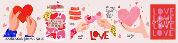 Obraz Happy Valentine's Day. Icons and objects. Vector cute modern isolated illustration of heart, jar with valentines, hand with glass, hands holding heart, logo, love, text