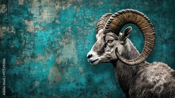 Fototapeta A mountain goat in profile view with curved horns on a textured blue-green background