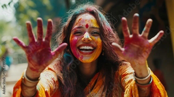 Fototapeta An Indian young woman in a sari with Holi colors on her face is laughing and showing two palms to the camera, holding her hands up and smiling at the camera. Hindu traditional celebration concept