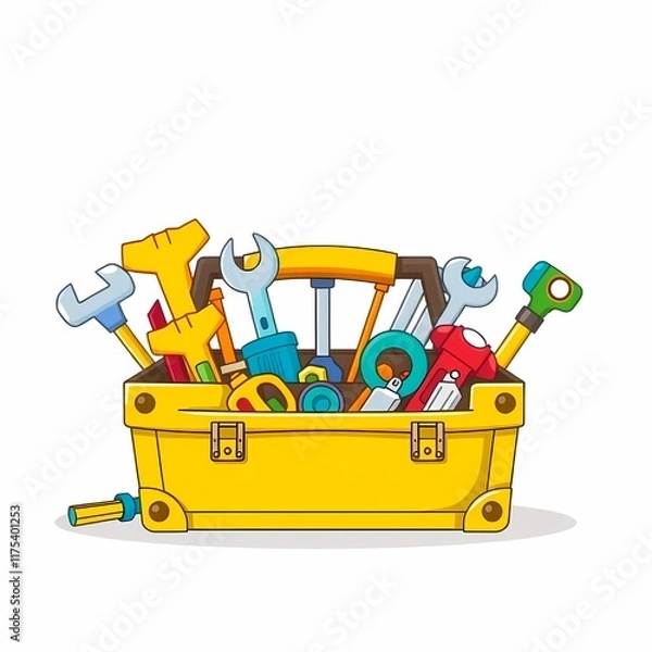 Fototapeta Toolkit of Possibilities: A vibrant yellow toolbox overflowing with colorful cartoon tools, representing the endless potential and resources for any project or endeavor.  
