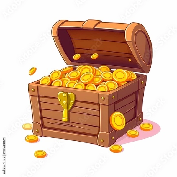 Obraz Treasure Chest Overflowing With Gold Coins: A cartoon illustration of a wooden treasure chest bursting with golden coins, symbolizing wealth, fortune, and the promise of riches.  