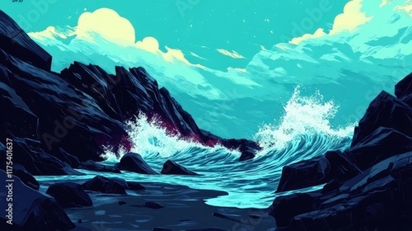 Fototapeta Ocean Waves Crashing Against Dark Rocky Cliffs