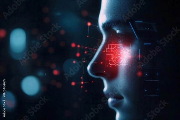 Obraz A facial recognition system rejecting a spoof attempt, blank area for text, security alert concept, dynamic