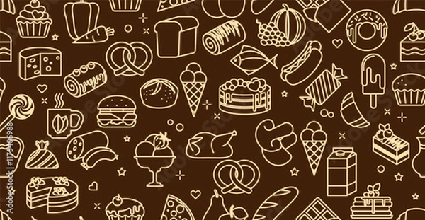 Fototapeta Seamless pattern of food and drink icons, small stars and hearts. Cute pictures with hamburger, cupcake, watermelon, ice cream, cake, etc. Light pictures on a brown background. Vector
