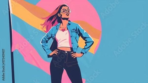Fototapeta Confident Woman Wearing Glasses Posing with Colorful Flag in Bright Artistic Style