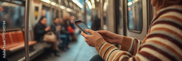 Fototapeta A focused individual using a smartphone while seated inside a modern subway train, highlighting the connection and technology in everyday urban commutes.