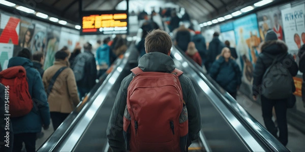 Obraz A bustling subway station full of commuters, with a solitary figure wearing a red backpack heading up an escalator, embodying urban life and social movement.