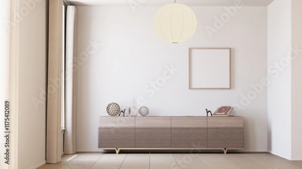 Obraz a framed poster mockups on the wall in simple living room interior background with red credenza. 3d illustration