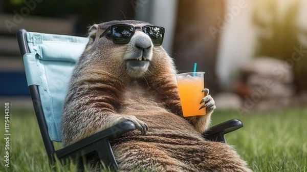 Fototapeta A groundhog sitting in a lawn chair with sunglasses and a drink, blank space for text overlay, relatable meme graphic, relaxed tones