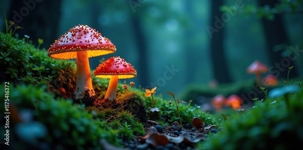 Fototapeta Mossy forest floor illuminated by soft luminescent mushrooms, mystical, magical