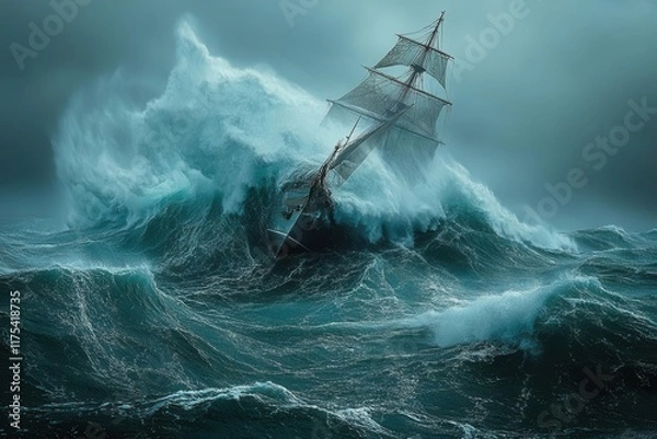 Fototapeta dramatic depiction of a ship battling towering waves in a stormy sea capturing the raw power of nature the intense colors and dynamic composition evoke a sense of struggle and resilience