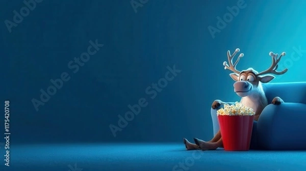 Obraz A reindeer lounging on a couch watching TV with popcorn, blank space for captions, lazy day meme graphic, funny