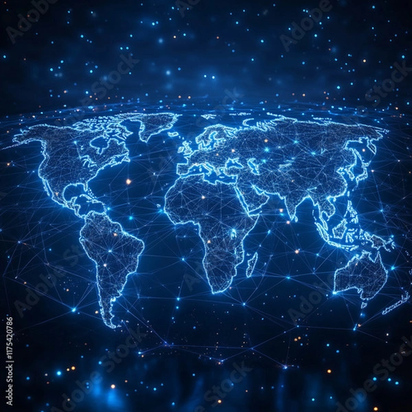 Fototapeta Neon blue world map with glowing connections and stars on a dark background