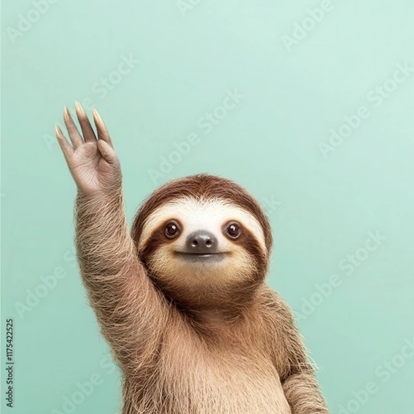Obraz A sloth waving slowly with a funny expression, blank space for captions, funny greeting meme, adorable