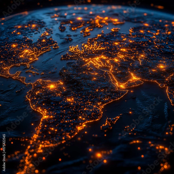Fototapeta Nighttime earth view with glowing orange global connections.