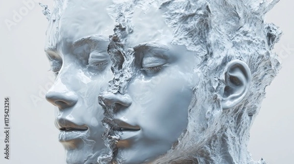 Obraz Two intertwined faces in a sculptural, abstract form, exploring identity and emotion.