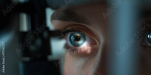 Obraz A detailed close-up of an eye during an optometry examination shows the intricate details of the iris and the professional equipment used, symbolizing vision and precision.
