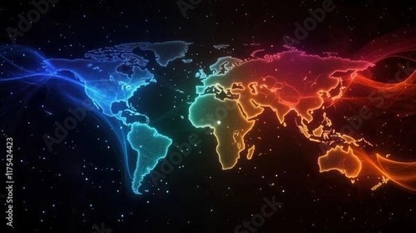 Obraz A vibrant digital world map with the Americas illuminated, surrounded by flowing data streams, information exchange concept, modern