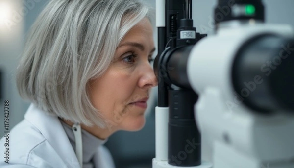 Fototapeta A dedicated female optometrist with short, silver hair closely examines a patients eye through a high-tech optical device. The image captures the essence of professionalism and care in the field of