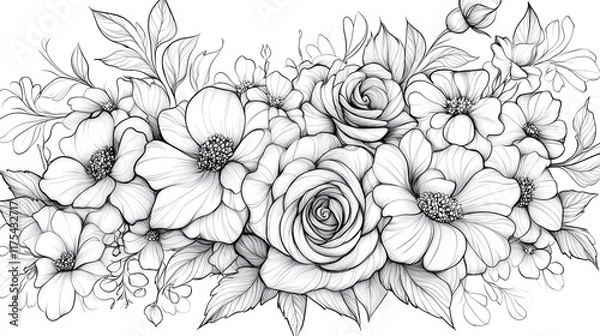 Obraz Intricate Floral Line Art with Roses, Daisies, and Leafy Swirls for Coloring Designs Adult Coloring Pages with Botanical Themes Black-and-White Floral Wall Art for Minimalist Interiors Stationery