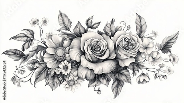 Obraz Intricate Floral Line Art with Roses, Daisies, and Leafy Swirls for Coloring Designs Adult Coloring Pages with Botanical Themes Black-and-White Floral Wall Art for Minimalist Interiors Stationery