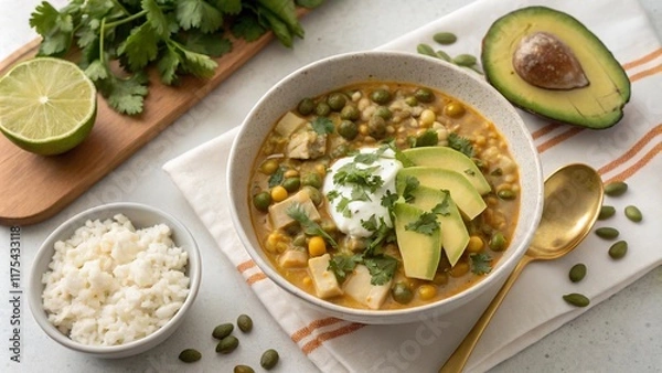 Fototapeta Colorful bowl of soup with garnishes showcasing fresh ingredients and vibrant toppings