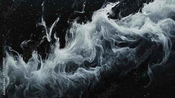 Fototapeta A black and white image of a white, wavy cloud with stars in the background