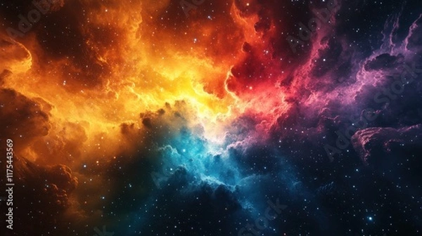 Fototapeta Vibrant nebula in space with orange, red, blue, and teal hues.