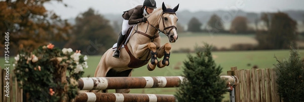 Obraz An equestrian rides a horse gracefully over a wooden jump in a lush green field, showcasing skill, focus, and athleticism against a backdrop of nature.
