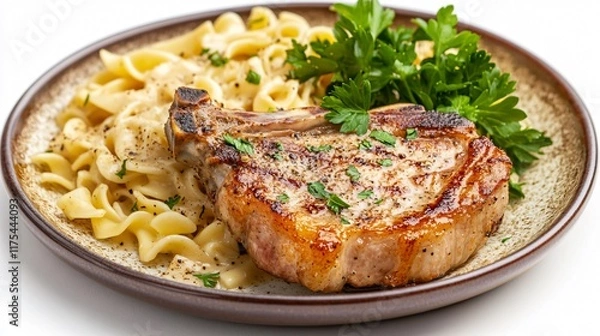 Fototapeta A hearty serving of pork chops and noodles with a creamy sauce, isolated on a vintage ceramic plate with parsley garnish