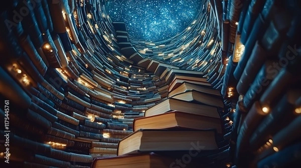 Obraz Enchanted Stairs of Books Leading to a Starry Night Sky