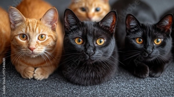 Fototapeta Three cute kittens, two black and one ginger, lying down and looking at the camera.