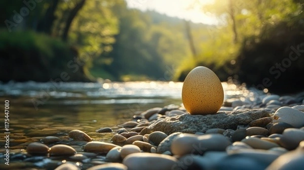Fototapeta An egg Easter placed delicately on a stone ledge by a river calm, surrounded by pebbles smooth and reflected sunlight.