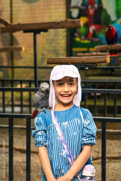 Fototapeta Happy child with African Grey Parrot - Psittacus erithacus in a mini zoo.