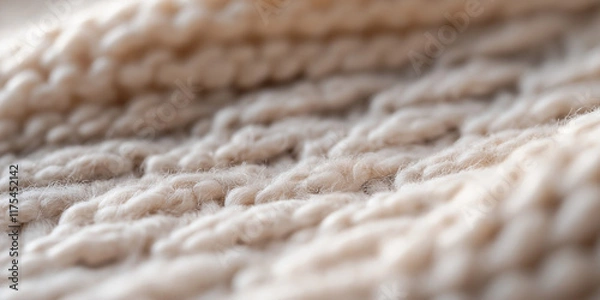 Fototapeta A highly detailed close-up image showcasing the soft, intertwined threads of a beige knitted fabric, highlighting its cozy and textured appearance.