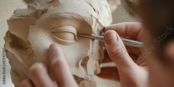 Obraz A close-up image of an artist meticulously shaping an eye on a clay sculpture with precision tools, illustrating the artistry and intricacy of sculptural work.