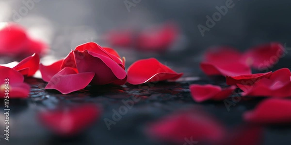 Obraz A closeup of delicate red rose petals scattered across a textured dark surface, conveying a sense of romance and transient beauty, captured in soft, diffused light.