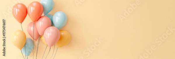 Obraz Cluster of colorful balloons in pink, orange, blue, and yellow against a soft pastel backdrop, symbolizing joy, celebration, and the lightness of being happy.