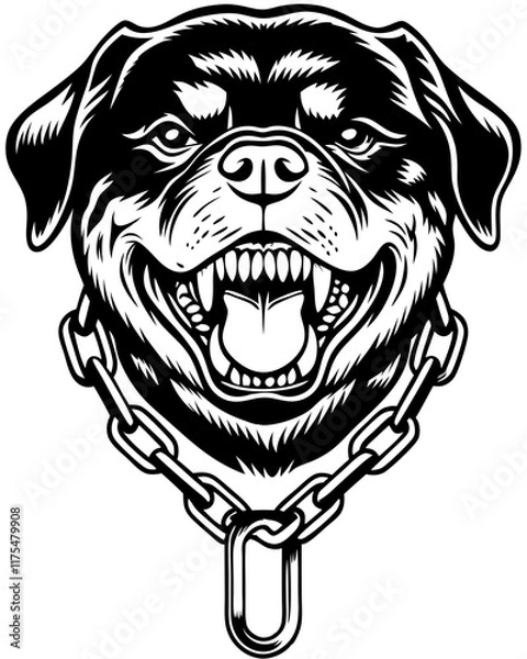 Fototapeta A fierce and intense Rottweiler logo featuring angry snarling, gritting teeth, evil eyes, and a chain collar. Perfect for bold, tough branding or sports teams