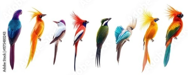Fototapeta Vibrant Colorful Birds Displayed Against White Background