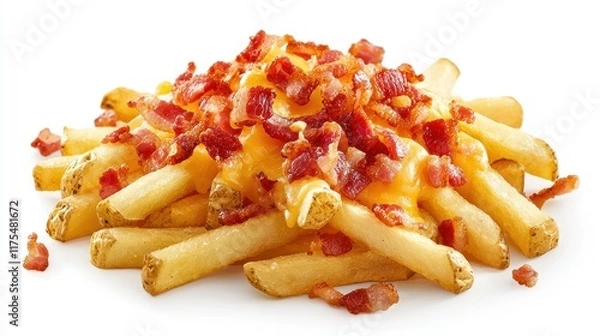 Fototapeta Loaded French Fries Topped with Crispy Bacon and Cheddar Cheese, Perfect for Sharing or Snacking