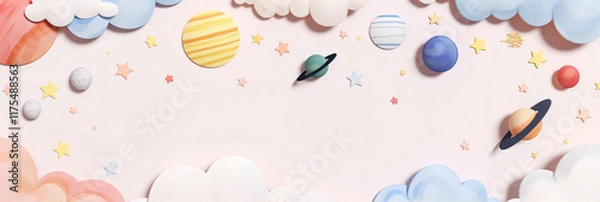 Obraz A whimsical scene depicting colorful planets, stars, and clouds set against a soft pastel background, capturing a dreamlike representation of outer space and imagination.