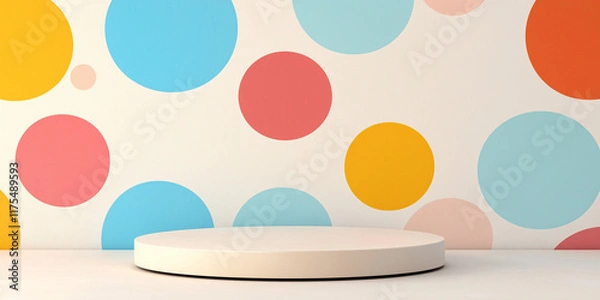 Obraz An empty round podium stands in front of a lively polka dot background featuring blue, red, and yellow dots, signaling a cheerful and playful atmosphere.