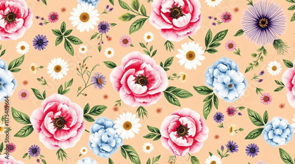 Fototapeta Background with seamless floral pattern, symmetrical layout