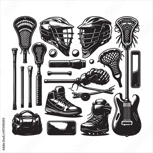 Fototapeta Lacrosse equipment set silhouette. Silhouette set of lacrosse elements vector set on a white background
