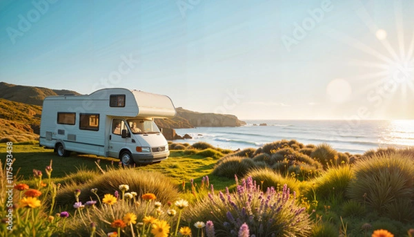 Fototapeta Campervan on coastal meadow at sunset camper van by lake