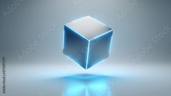 Fototapeta A levitating cube with glowing edges, representing structure and design